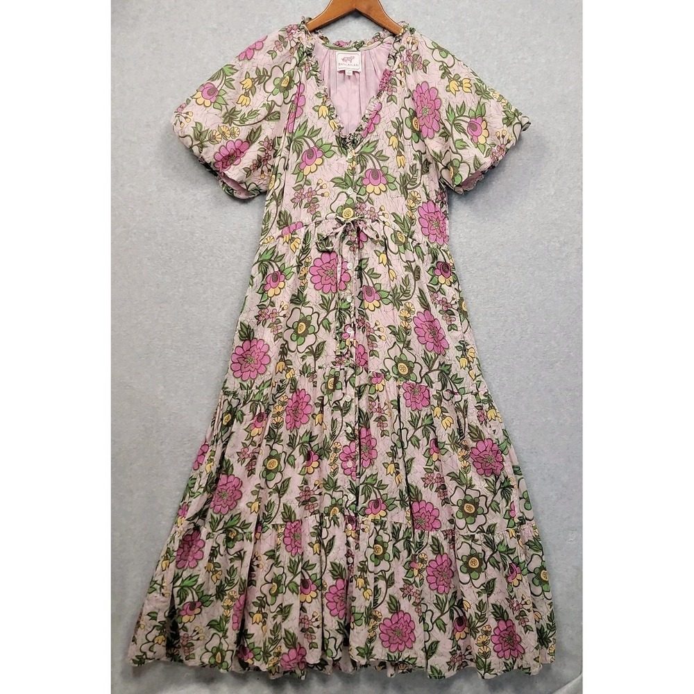 Banjanan Poppy Dress Tiered Ruffled V-Neck Maxi Dress Sz S Cotton Voile Pockets